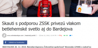 Skauti s podporou ZSSK privezú vlakom Betlehemské svetlo aj do Bardejova